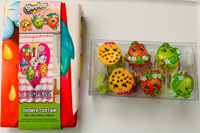 Shopkins Shower Curtain And 12 Hooks  Apple Strawberry Cookie NEW