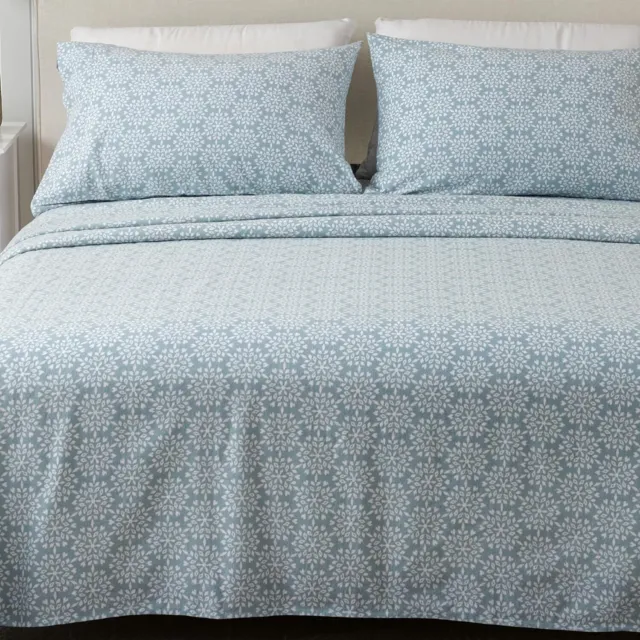 Great Bay Home 4 Piece 100% Turkish Cotton Queen Blue Snowflake Flannel Sheets S