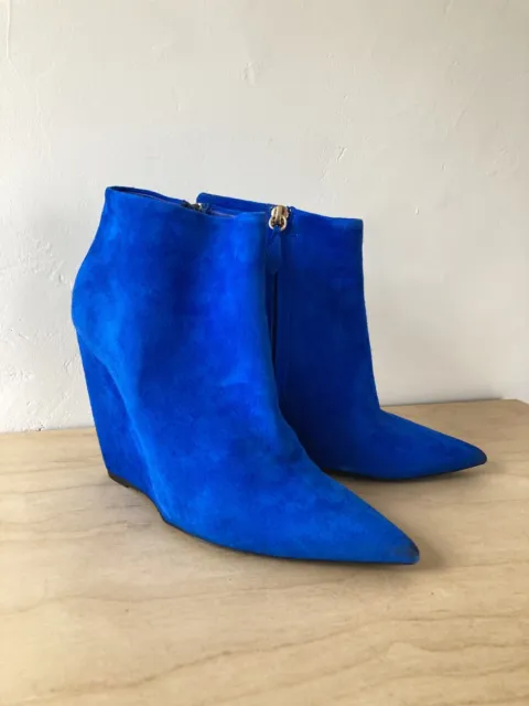 RARE Nicholas Kirkwood Cobalt Blue Suede Wedge Bootie Size 37 W/ Box & Bag