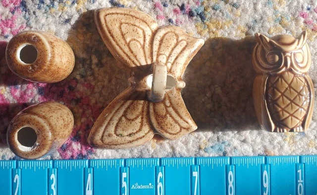MCM  Glaze OWL BUTTERFLY Ceramic Macrame Bead Set - Vintage 60s 70s - Set of 3 2