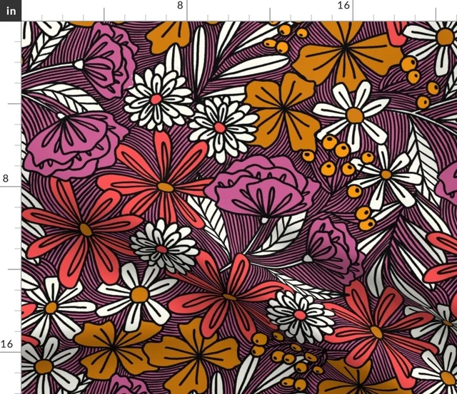 Pink Floral Bold Garden Meadow 70s Vintage Autumn Spoonflower Fabric by the Yard