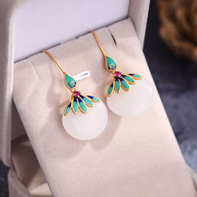 White Jade Earrings Women Carved Gemstone Natural Chinese 925 Silver Jewelry