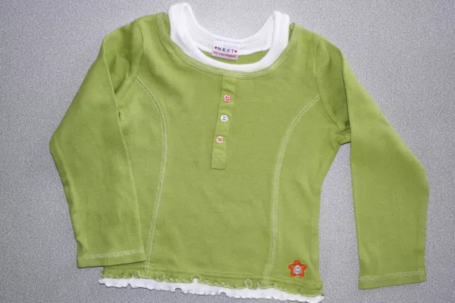 Girls NEXT 100% Cotton Lime Green/White Long Sleeve Top age 2-3 Years