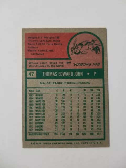 TOMMY JOHN 1975 Topps Mini Baseball Card #47 Los Angeles Dodgers $1.49 ...