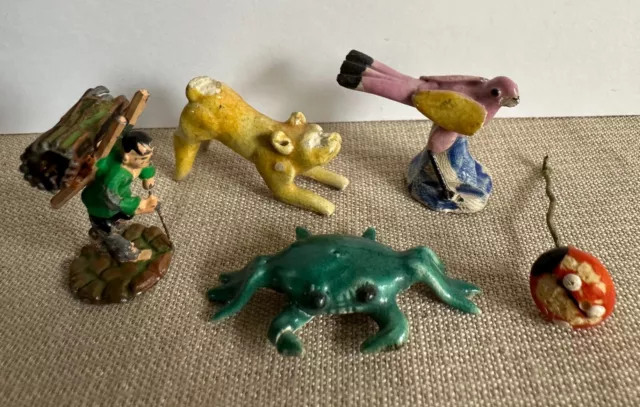 Vintage miniature metal hiker plus 4 mini ceramic figures!