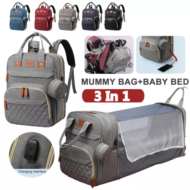 3 in 1 Baby Diaper Bag Backpack Foldable Crib w/Changing Pad USB Port