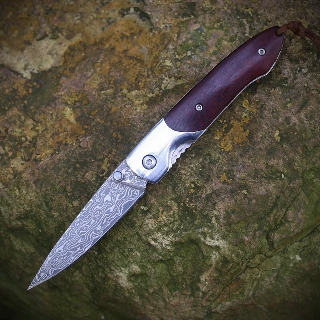 COUTEAU PLIANT DE Poche Acier Damas Manche Bois Camping Collection Edc