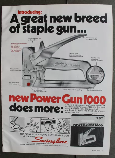 Swingline Staple Gun Powergun 1000  Vintage Magazine Print Ad 1972 8 x 11