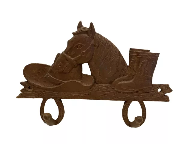VTG Cast Iron Cowboy Horse Horse Shoe Boots Hat Rustic Wall Hook Keys Coats
