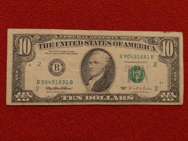 1995 (B) $10 Ten Dollar Bill Federal Reserve Note New York Old Currency #1877 2