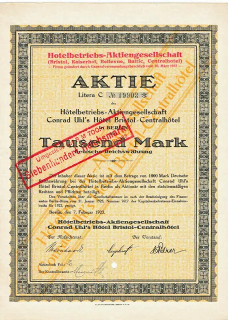 Kempinski Hotelbetriebs AG Uhl's Hotel Berlin histor. RM 1000 Aktie 1923 Bristol