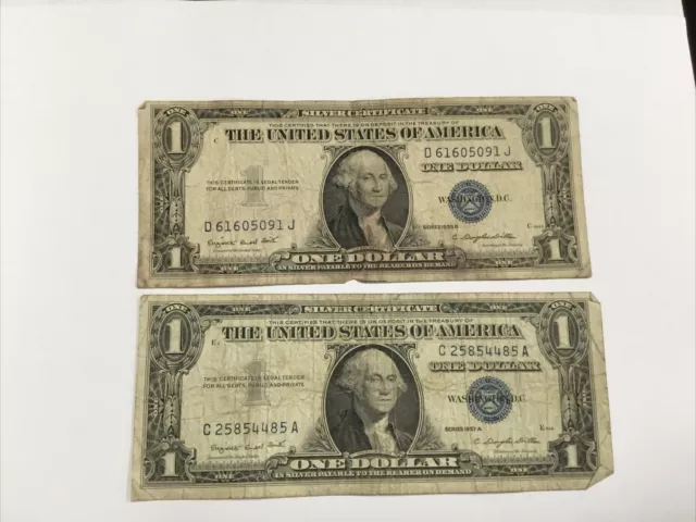 Lot Of 2 $1 Silver Certificate Blue Seal Series 1935 G & 1957 A