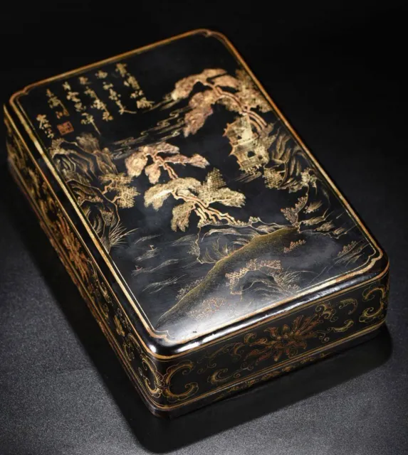 7" Top vintage chinese lacquerware box Japan painting gilding Landscape Painted