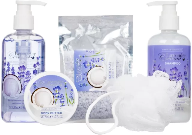 5 Piece Women’s Lavender Coconut Scent Bath Box Set Shower Gel Body Butter Salts