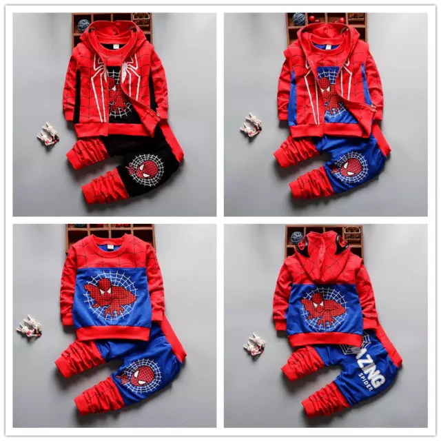 Toddler Baby Boys Cartoon Spider-man 3pc Outfits Hooded Vest+Tops+Pants Clothing