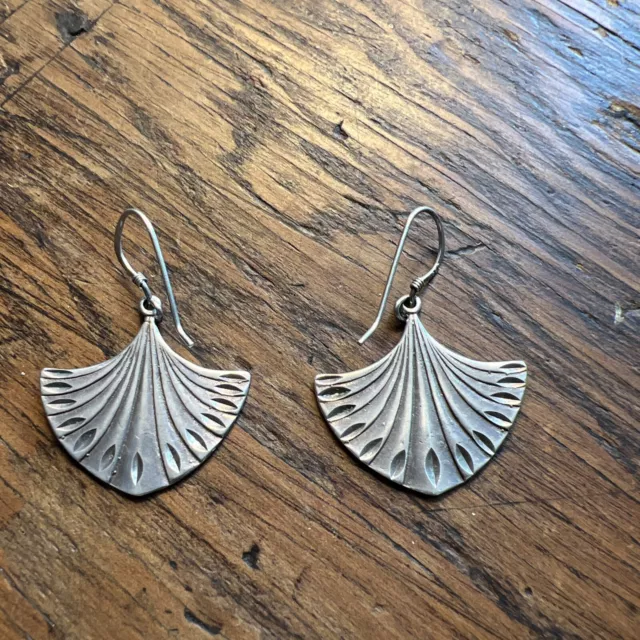 Vintage 925 Sterling Silver Fan Shape Dangle Pierced Earrings ~  Signed