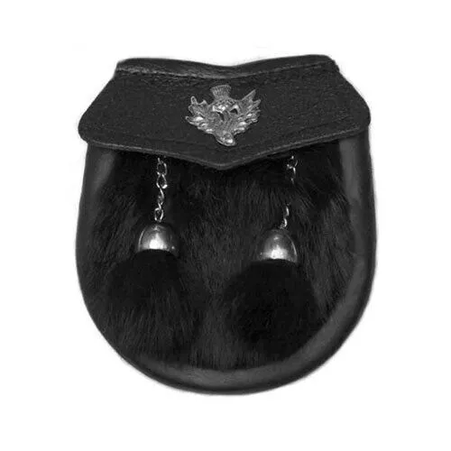 Scottish Boys Sporran Leather Black Rabbit Fur With Tassels Belt Chain