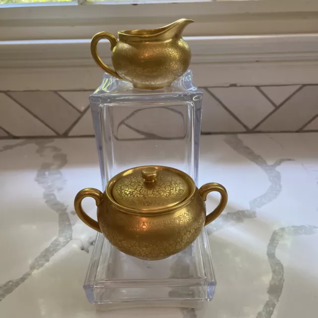 Gold Pickard China Co USA Hand Etched Sugar Bowl & Creamer RARE Circa 1925-30