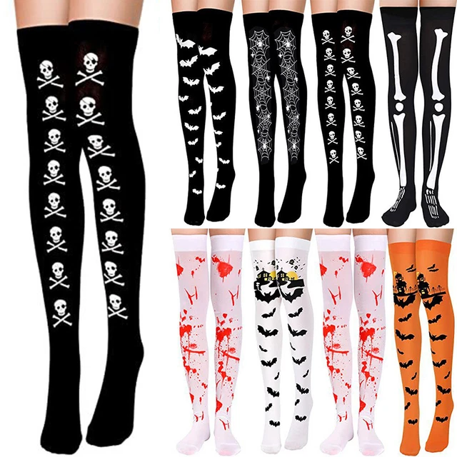 Over The Knee High Long Socks Skull Skeleton Bats Spider Halloween Stockings UK*