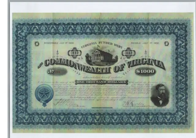 The Commonwealth Of Virginia....1882 Virginia Funded Debt Certificate