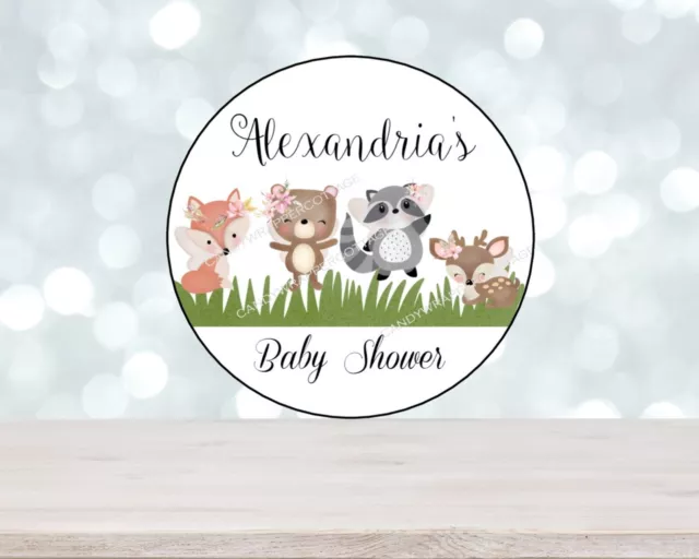 24 2.5" WOODLAND CREATURES BABY SHOWER Personalized Round Labels Stickers Favors