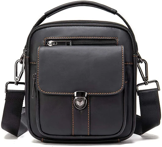 Black Men's Leather Crossbody Minimalist Messenger Bag