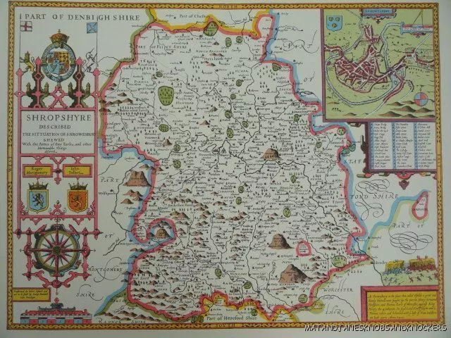 Old Copy Of John Speed Map Of Shropshire Town Plan