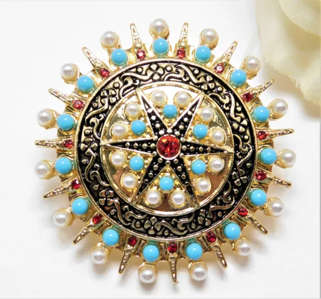 Turquoise & Faux Pearl Crystal Rhinestone Nordic Star Shield Brooch