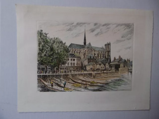 estampe - eau forte - gravure ancienne - Notre Dame de Paris - quai de Seine / 