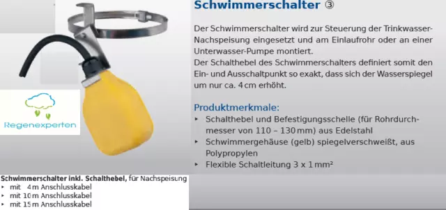 Premium Schwimmerschalter Nachspeisung Zisterne, auch für Regenwasseranlagen