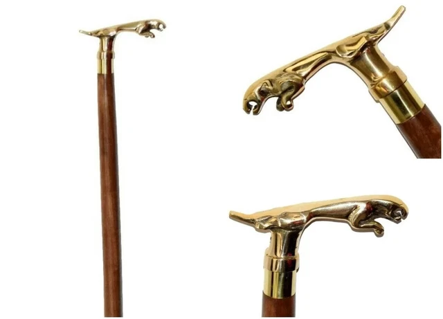 Brass jaguar Cane Head Handle Wooden Walking cane-Walking Stick-Cane 3 Part Open