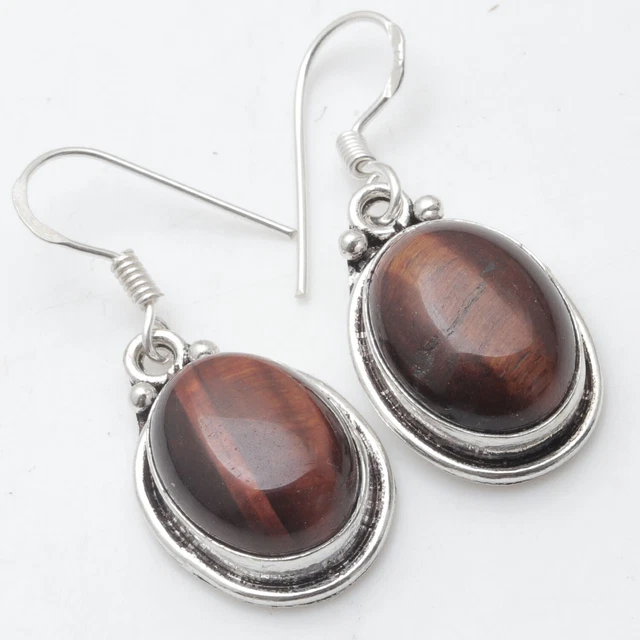 Tiger Eye Sterling Silver Plated Earrings 1.6" Gemstone Jewelry R10775