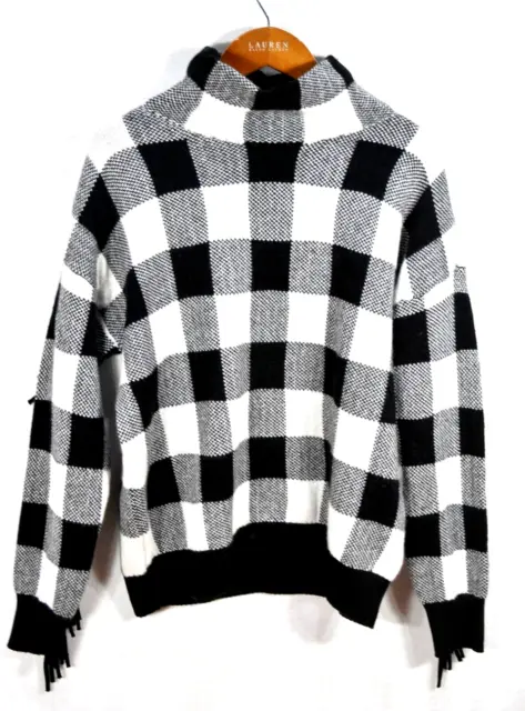 Ralph Lauren Women's Black/White High Neck Checkered Fringe Sweater Top L NWT