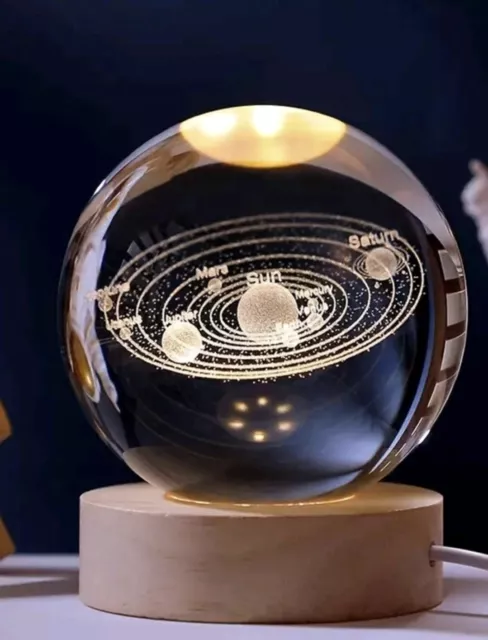 3D Solar System Paperweight Ornament Laser Etched in Glass Sphere   with Lights