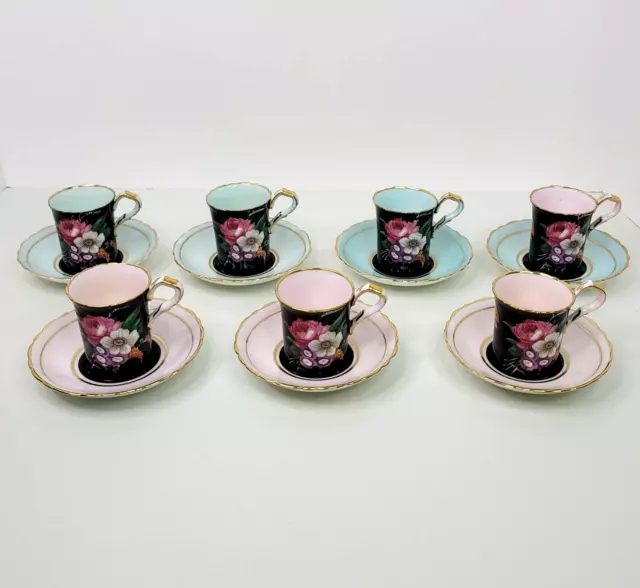 Vintage Paragon Demitasse Cup and Saucer Double Warrant Pink Teal Blue Set of 14