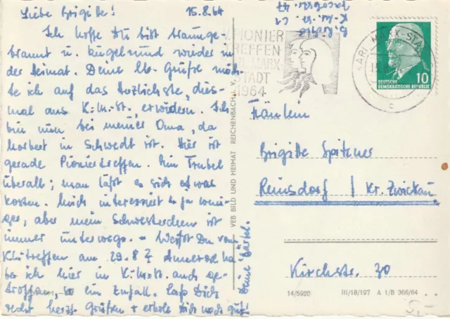 Karl-Marx-Stadt, AK mit Maschinenstempel "V. Pioniertreffen 1964"