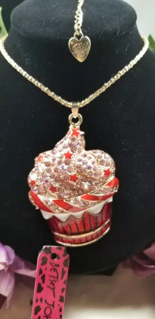 Betsey Johnson Pink Crystal Rhinestone Inlay Cupcake Pendant Necklace