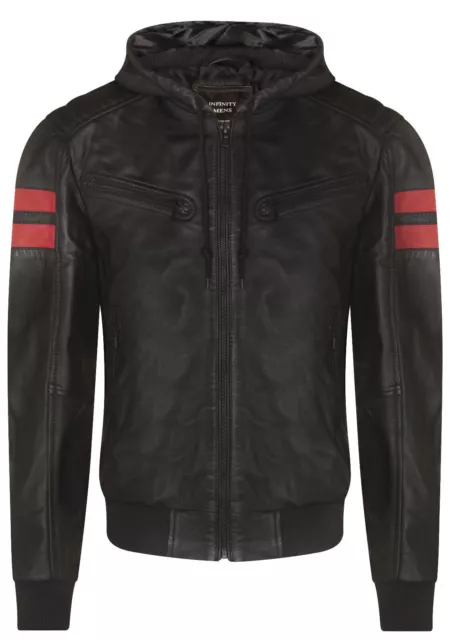 Hombres Cuero Negro Bomber Chaqueta Vintage Capucha Retro Informales Cremallera