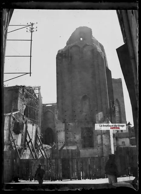 Plaque verre photo ancienne négatif noir et blanc 6x9 cm ruine église France