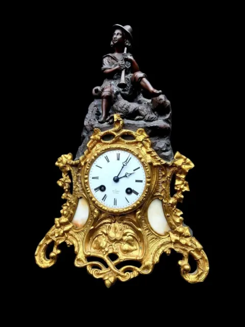 Antique Clock French Empire Bronze Signed Henry Marc Ormolu Large Mantel Clock