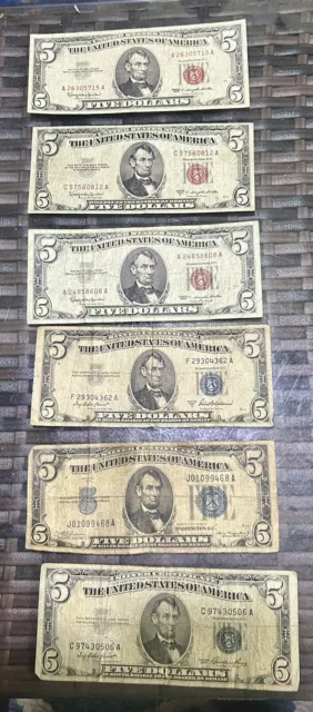 six 1934 53’ 63’ Red And blue seal 5 dollar bill note silver certificate x6 lot