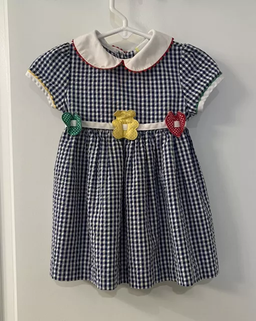 Vintage Baby Togs Dress White Navy Gingham Peter Pan Collar Belted Size 12 Month
