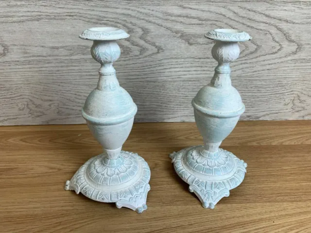 Pair Of Vintage Brass Painted Candlesticks White And Green 8" Tall