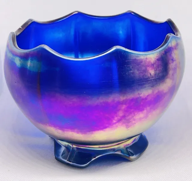 Vintage IMPERIAL Glass Iridescent Purple Blue Carnival Glass Footed Bowl Scallop