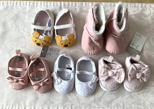 Baby girls 3-6months Pram Shoe (Soft Sole) Bundle Pink White 5 Pairs
