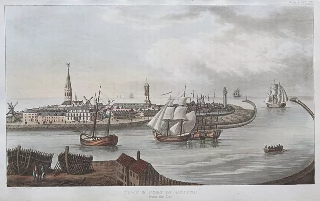 1815 Town & Port of Ostend Belgium Ackermann Antique Aquatint Print