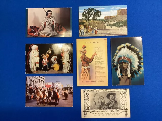 Lot 7 Vintage Indian Post Cards Sitting Bull Navajos Cherokee Sioux Buffalo Bill