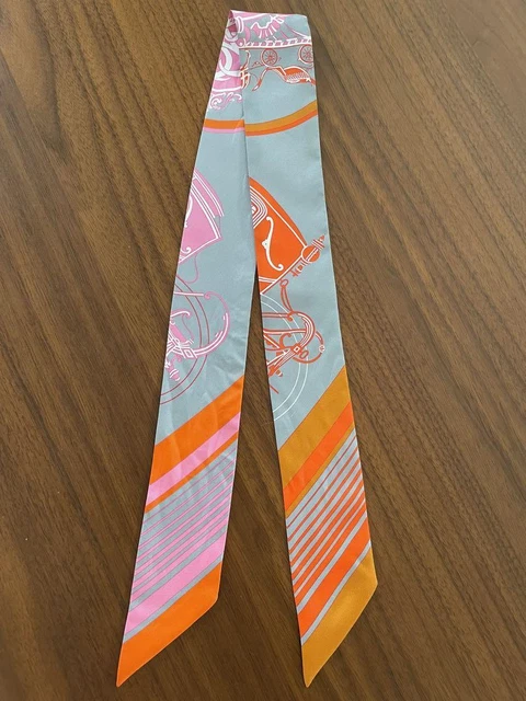 HERMES Twilly Scarf EX-LIBRIS/ Carriage with Box Gray and Orange Silk France