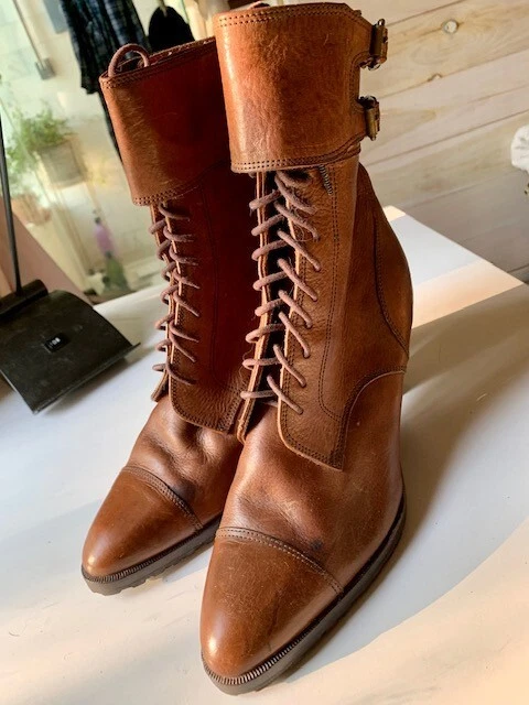 Vintage Ralph Lauren Brown LEATHER Lace-up Boots Made in ITALY Women 9 B small!