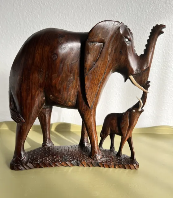 VINTAGE Large Wooden Elephant Statue 9.75”L x  10“H x 4”W Hand Carved SOLID Wood